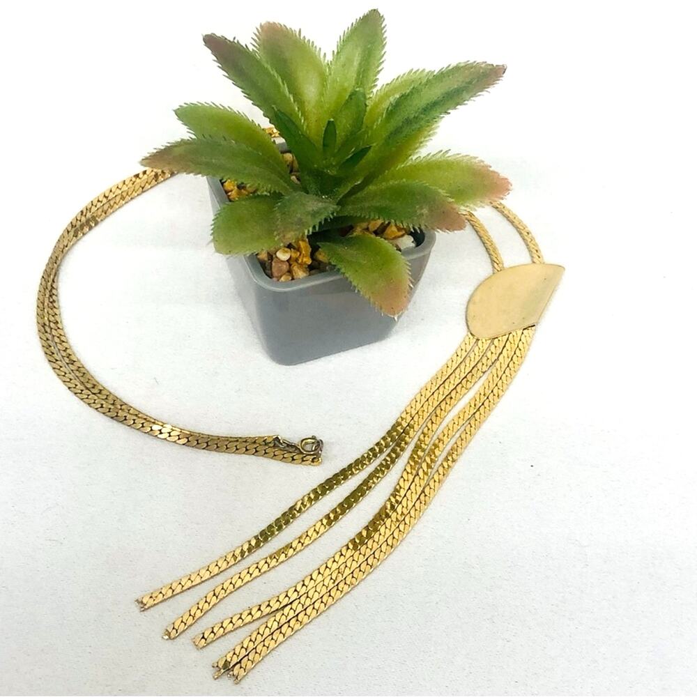 80s Vintage Bolo Style Gold Tone Necklace Medallion with Fringe MCM Art Deco